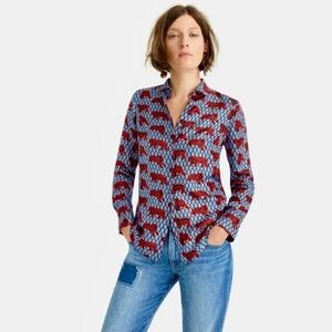 J. CREW Collection Silk Twill Roaming Tiger Top Shirt Buttondown Blue Red Size 6
